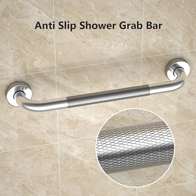 16 Inch Anti Slip Shower Grab Bar, YuanDe Chrome Finish Stainless Steel Bath Grab Bar, Knurled Bathroom Safety Rail, Shower Handrail Support, Handicap Elderly Injury Senior Balance Assist Handles