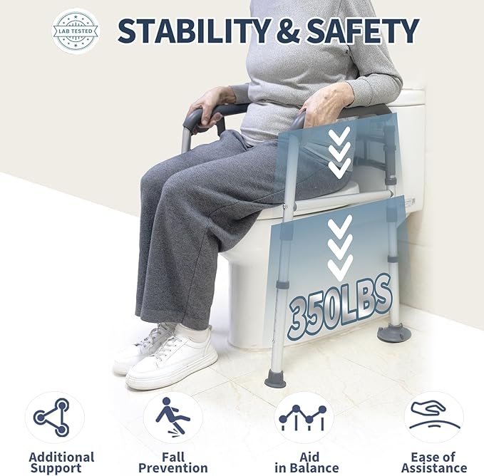 Toilet Safety Rails, Height-Adjustable, Foldable, Tool-Free Assembly, for Elderly, Seniors, Handicap & Disabled, 350 lbs Capacity