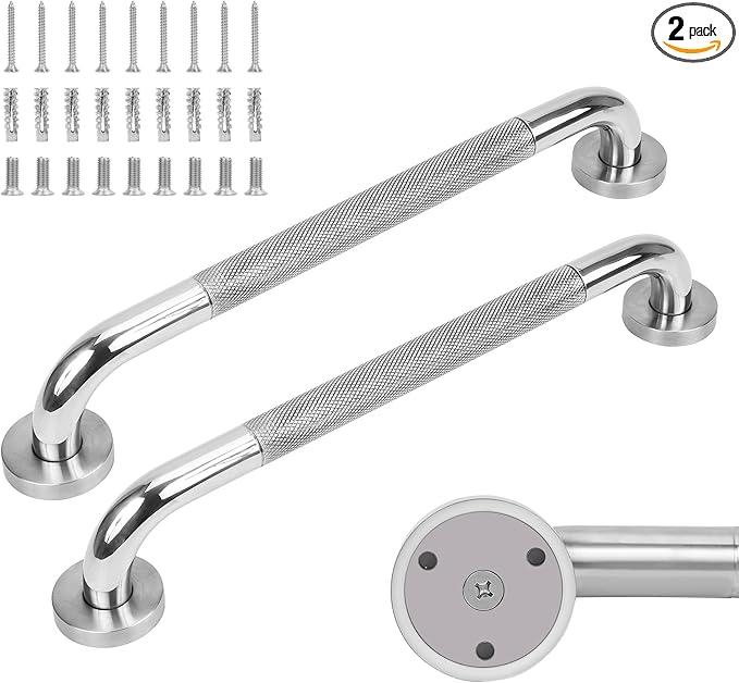 2 Pack 24 Inch Knurled Mirror Polished Shower Grab Bar, Extended Bathroom Safety Grab Bars for Elderly Disabled, Wall Mounted Heavy Duty Handrail for Tub & Shower, Stainless Steel & Easy to Clean