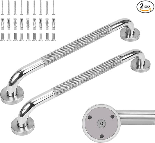 2 Pack 24 Inch Knurled Mirror Polished Shower Grab Bar, Extended Bathroom Safety Grab Bars for Elderly Disabled, Wall Mounted Heavy Duty Handrail for Tub & Shower, Stainless Steel & Easy to Clean