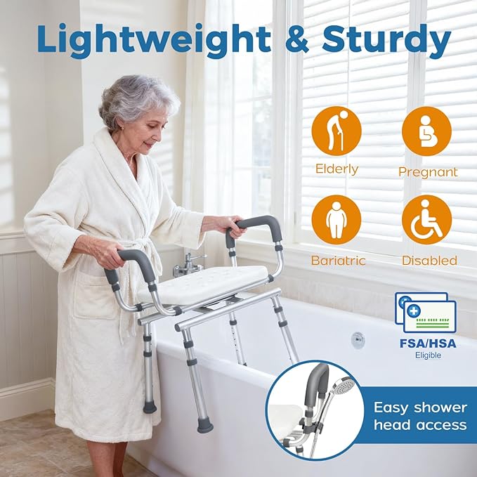 Swivel Shower Chair with Arms, Heavy Duty Shower Seat for Inside Shower Stall & Bathtub, Height Adjustable Safety Bath Seat for Elderly, Handicap, Disabled & Adults