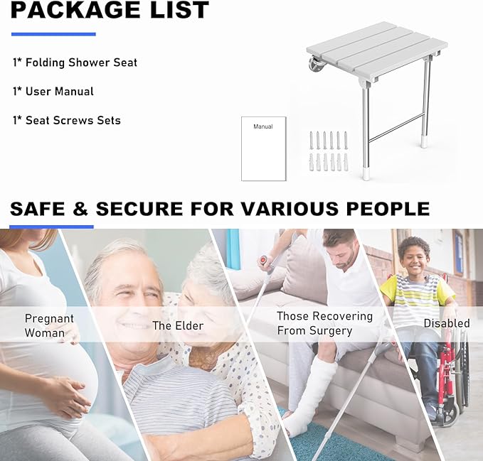 Folding Shower Seat, Wall Mounted Bathroom Safety Stool Chair with Support Legs, Foldable Wall Wood Shower Bench for Seniors (White)