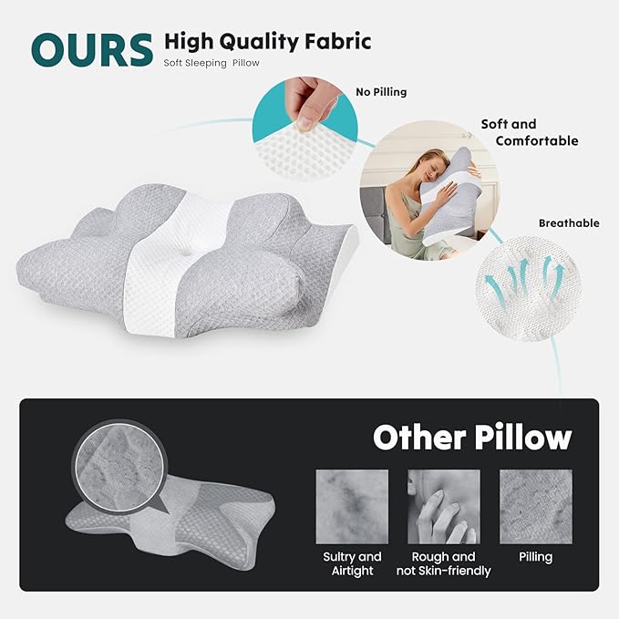 DUMOS Cervical Neck Pillow for Sleeping, Cooling Ergonomic Memory Foam Pillow with Arm Rest Slot and Ice Silk Pillowcase, Dual Height Orthopedic Support Contour for Side, Back, Stomach Sleepers