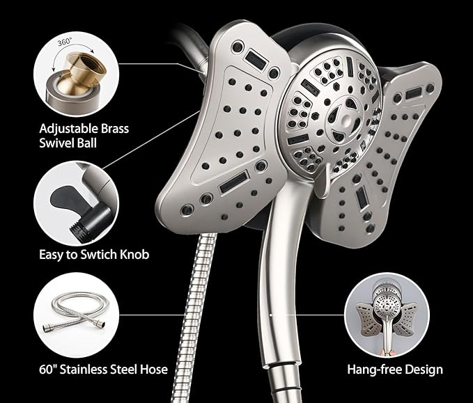 GRICH 1.8GPM Shower Head with Handheld Spray Combo: 2 in 1 Rainfall Shower Heads high pressure & Handheld Shower Head, 9 Spray Modes/Settings Detachable Shower Head with 60 Inch Hose, Nickel