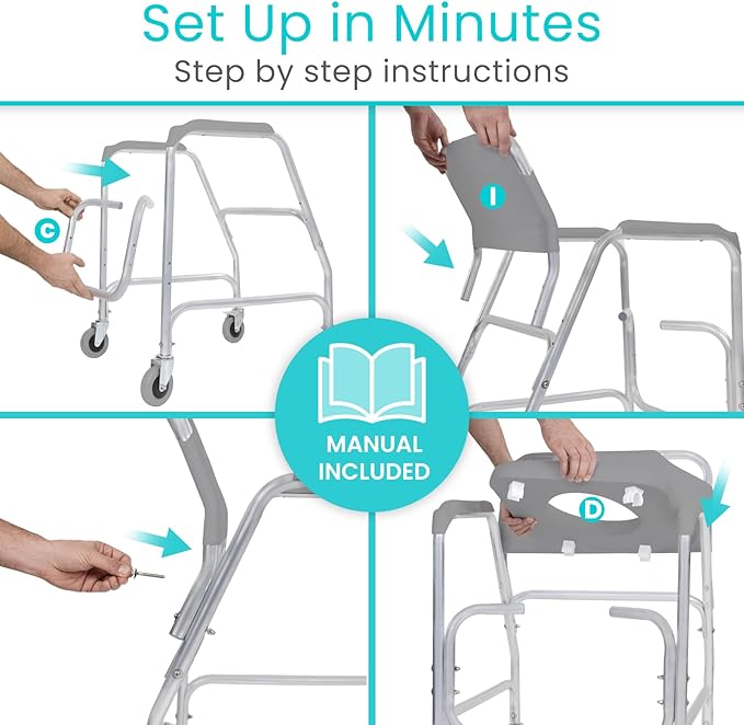 Vive Shower Chair & Toilet Riser with Wheels - Rolling Bathroom Seat for Elderly, Disabled, Handicapped - Adjustable Senior Raised Bath Potty Chair with Handles for Adults - w/ Arms & Locking Wheels