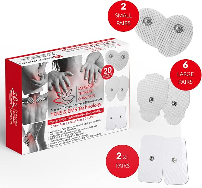 TENS Unit Pads - Premium Quality Snap Replacement Electrodes for TENS and EMS Electrotherapy - Self Adhesive Reusable Patches up to 30 Times (20 Pads) Combo (S, L, XL)