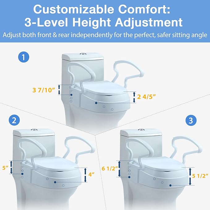 Raised Toilet Seat Risers for Seniors, Elevated Toilet Seat with Handles, 3-Level Height Adjustable, Support up to 300 Lbs