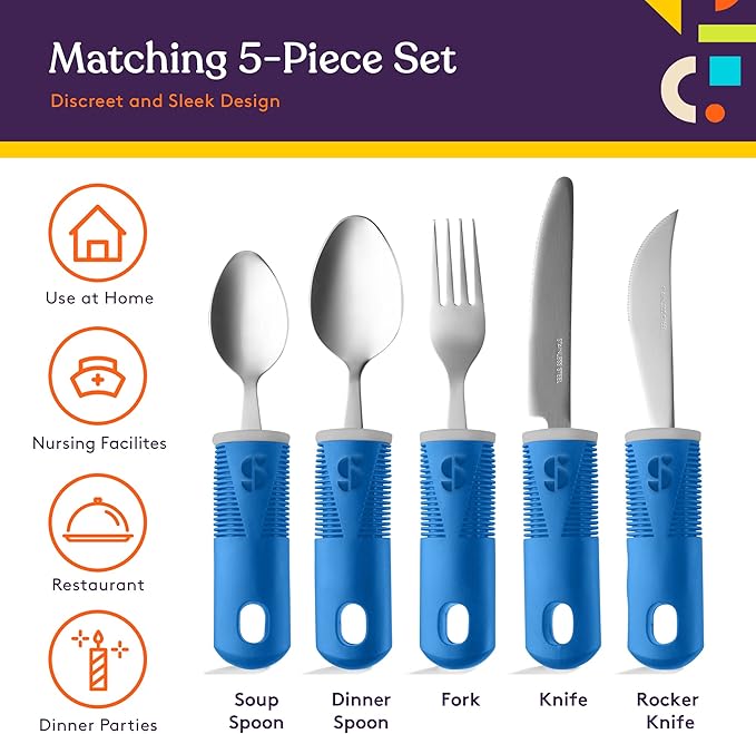 Special Supplies Adaptive Utensils (5-Piece Kitchen Set) Wide, Non-Weighted, Non-Slip Handles for Hand Tremors, Arthritis, Parkinson’s or Elderly Use - Stainless Steel (Blue)