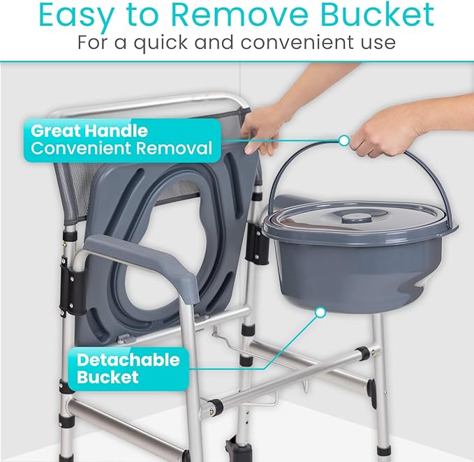 Vive Commode Shower Chair with Wheels - 3-in-1 Bathroom & Bedside Wheelchair for Seniors, Adults, Elderly, Disabled, Handicap - Rolling Toilet Transfer Seat w/Arms, Footrest, & Removable Bucket