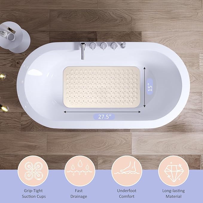 Non Slip Shower Mats for Inside Shower 15 x 27.5 Inch, TPE Bathtub Mat Non-Slip, Bath Mat for Tub with Suction Cups, Drain Holes Bath Tub Mat for Bathroom (Beige)