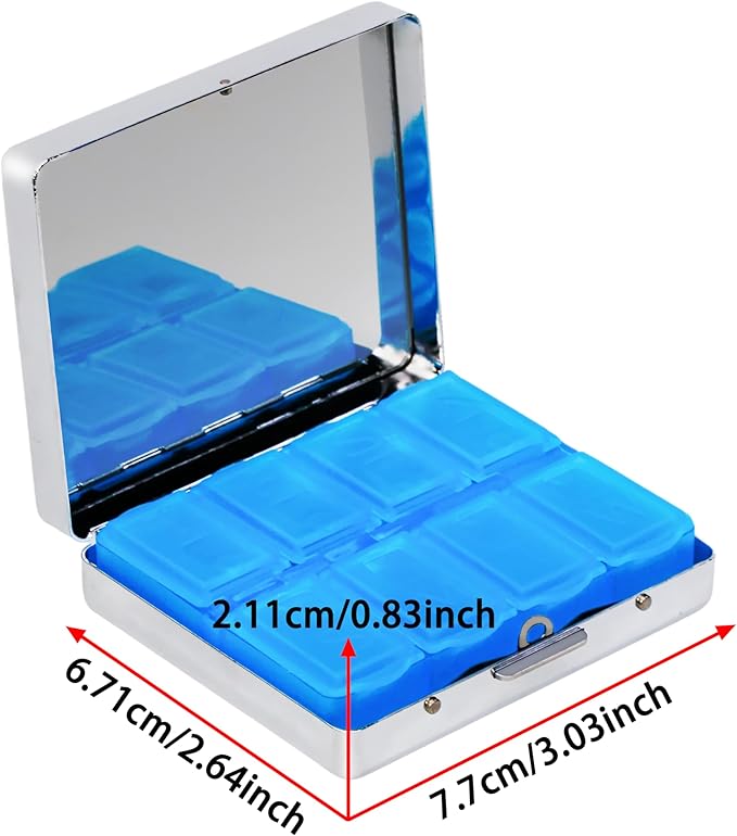 Metal Pill Organizer Box with Mirror – 8 Compartment Chrome Pill Case, Pocket-Size Travel Pill Container for Vitamins, Seniors, Daily Use (Painful Death)