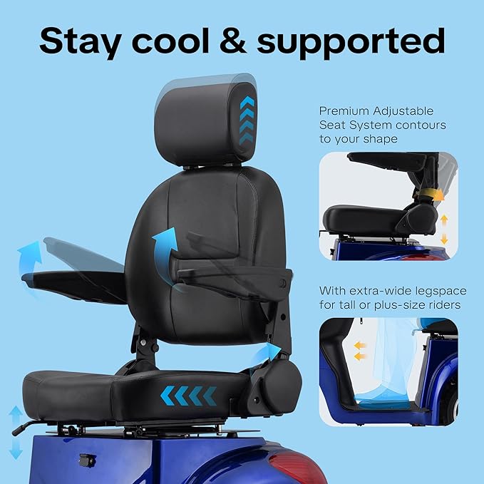 Super Large Electric 4 Wheel Mobility Scooters, Heavy Duty 800W Wheelchair Device, 25 Miles Long Range, All Terrain Mobility Scooter，Speed Adjust, Remote Key,Receive Ready to Ride (3 Wheel -Blue)