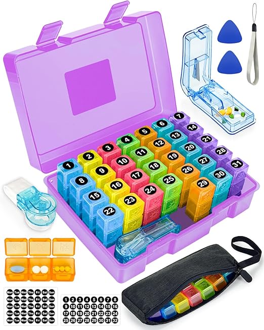 Monthly Pill Organizer 3 Times a Day, FRIWOLE Medicine Box with Portable Weekly Pill Bag, Pill Taker Remover, Pill Cutter and 2 Sticker (Purple, 3 Times a Day)