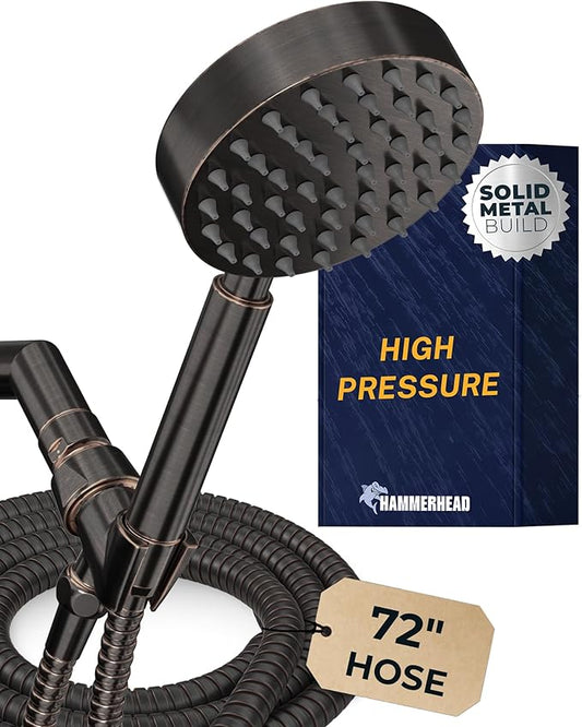 HammerHead Showers® Solid Metal Handheld Shower Head with Hose and Brass Holder - OIL RUBBED BRONZE - 2.5 GPM High Pressure Shower Heads with Adjustable Shower Wand Bracket - 6ft Flexible Extension