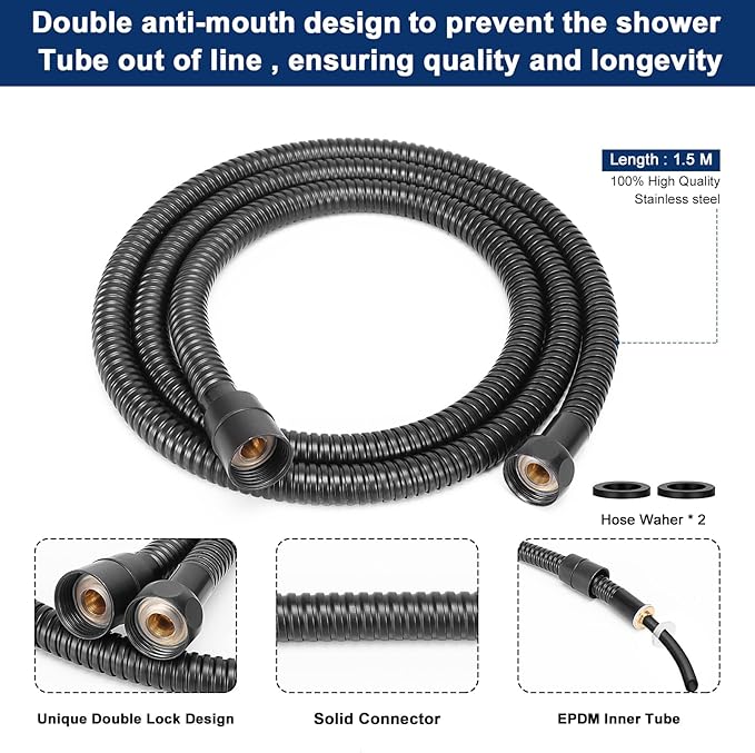 NearMoon Shower Head with Hose, High-Pressure Stainless Steel 8'' Rain Shower and 5 Settings Handheld Spray Combo with Push Button Flow Control for Easy Operation (Matte Black)