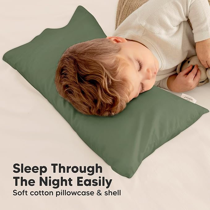 Toddler Pillow with Pillowcase - 10x18 My Little Dreamy Kids Travel Bed Pillows for Sleeping, Organic Cotton Small Pillowcase, Soft & Breathable, Machine Washable, Toddlers 2-5 years old(Jungle Green)