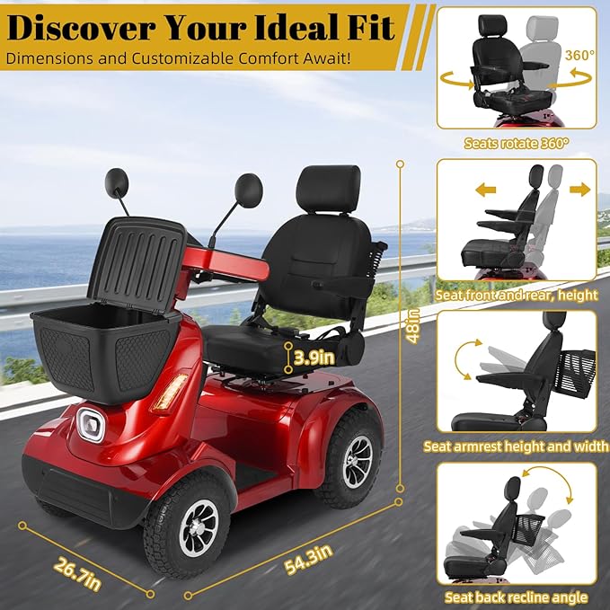 MS02 MAX All Terrain 1000W Electric Mobility Scooter for Adults& Seniors - 500LBS Load & 32 Miles Range Powerd Wheelchair Device w/Off-Road Absorber, Bluetooth Speaker, Dual Baskets, LED Light System