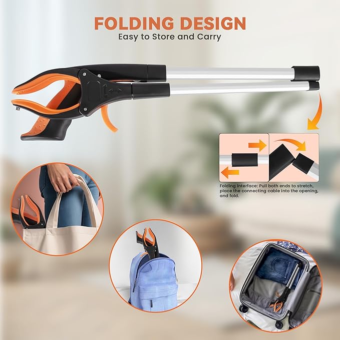 32.65"Grabber Reacher Tool, Foldable Trash Picker, 360°Rotating Grabber with Magnetic for Seniors and Disabled