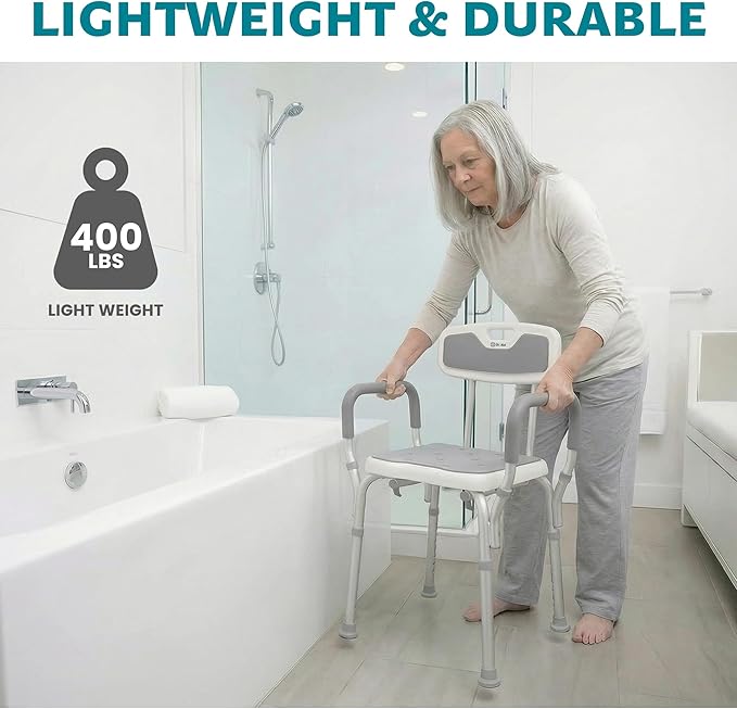 Dr. Aid Shower Chair for Inside Shower - 400 lbs, 6-Height Adjustable Shower Bench with Arms & Back for Adults, Seniors & Disabled - Tool-Free Assembly, Anti-Slip Bathroom Seat for Tub & Small Showers