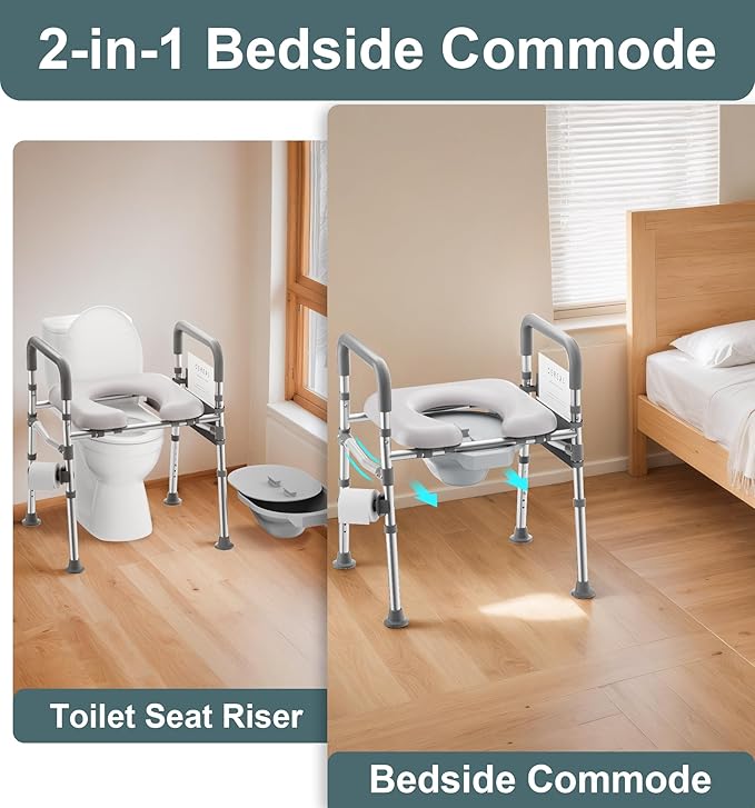 HOMLAND Raised Toilet Seat with Handles, FSA HSA Eligible 500lb Toilet Seat Riser for Seniors with Bedpan, Adjustable Height & Width, Handicap Elevated Toilet Seat for Elderly, Bedside, Fit Any Toilet