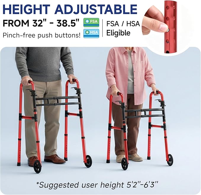 Loyoda Walkers for Seniors Foldable, Aluminum Lightweight Walker with Wheels, Adjustable Height & Width Standard Walkers for Elderly & Disabled, 350 lbs Capacity, Red