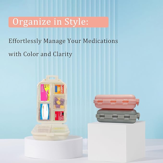 Pill Organizer with Medicine Labels 161 Labels Travel Daily Pill Container Mini Medication Organizer Storage Pill Organizer Travel Essentials Pill Case 7 Day (Blue, 1 Pack)