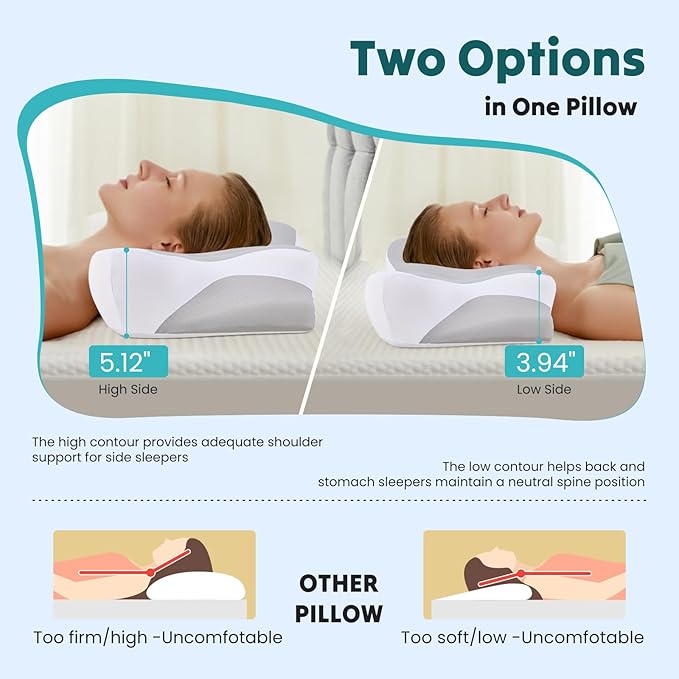 DUMOS Cervical Neck Pillow for Sleeping, Cooling Ergonomic Memory Foam Pillow with Arm Rest Slot and Ice Silk Pillowcase, Dual Height Orthopedic Support Contour for Side, Back, Stomach Sleepers