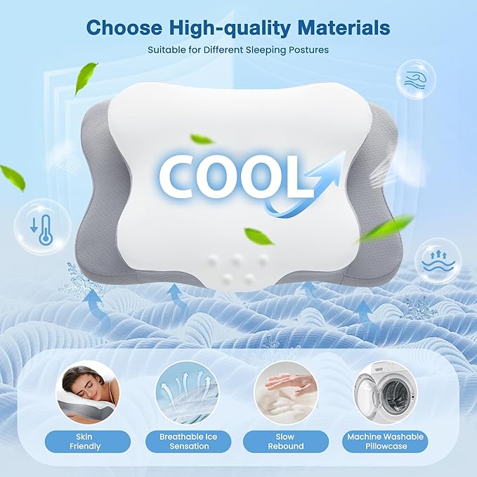 Cervical Pillow for Neck Pain Relief, Cooling Contour Memory Foam Pillows Support Odorless Ergonomic Neck Pillow Adjustable Orthopedic Bed Pillow for Side Back Stomach Sleeper,Snow