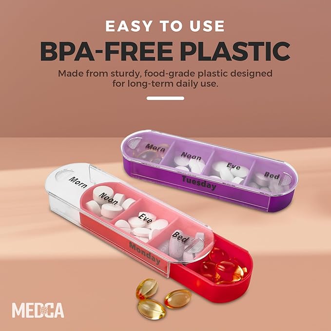 MEDca Weekly Pill Organizer, Four Times-a-Day, 1 Dispenser with Stackable AM/PM Compartments (Case of 40)