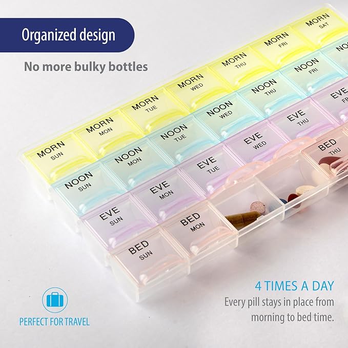 Deke Home - Pill Organizer 4 Times a Day, Weekly Medicine Box with Morning, Noon, Evening, Bed Compartments, Large, Translucent, Easy-to-Open Pill Case, 7-Day Travel Medication Organizer for Vitamins.