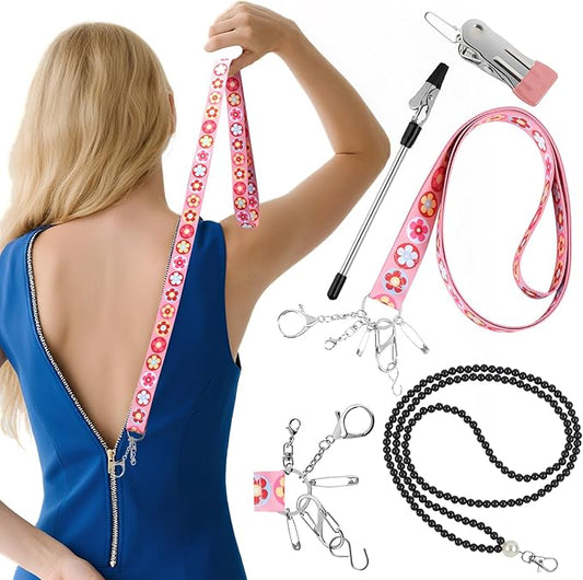 Zipper Helper Pull for Dresses 2 Pack Zipper Puller Helper with 5 Different Types Hooks Dress Zipper Pull Helper Assistant for Elderly and Pregnant Women(Pink Flower)