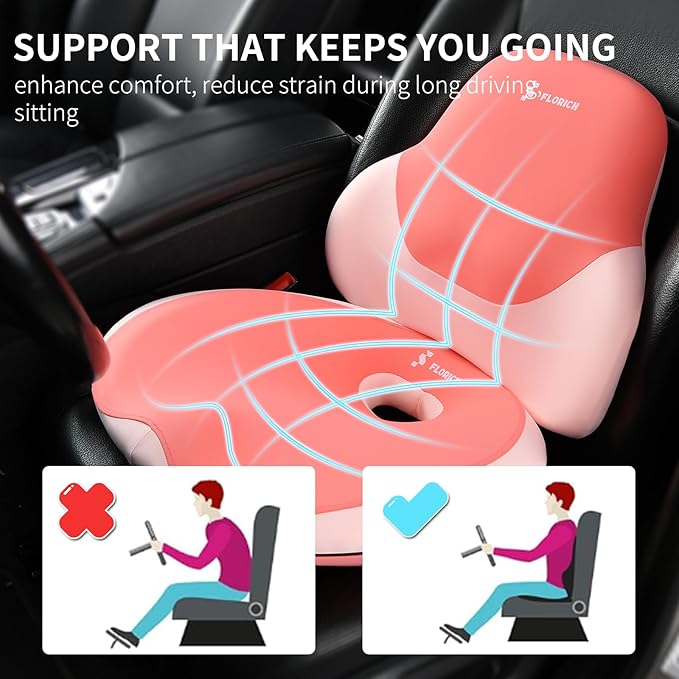 FLORICH Seat Cushion and Lumbar Support Pillow for Office Chair Car Neck Headrest Pillow Memory Foam Seat Pads Pressure Relief Back Cushion and Carseat Pads(Dark Pink)