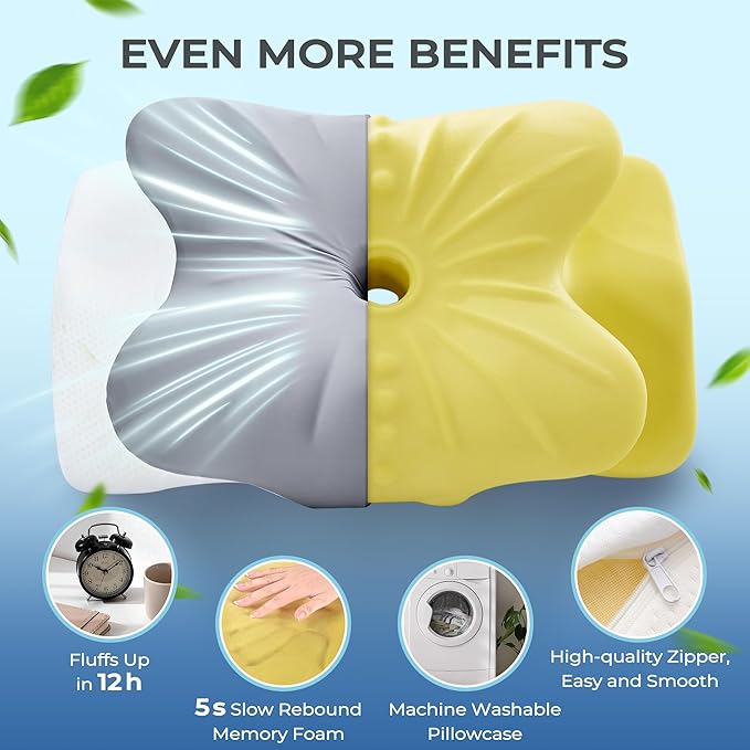 BDEUS Cervical Pillow for Side Sleepers, Neck Pillow for Sleeping, Memory Foam Ergonomic Pillow for Neck Pain Relief, Butterfly Contour with Arm Grooves, Dual Height Cooling Washable Cover, Grey
