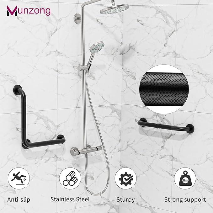 16 Inch L-Shaped Black Bathroom Grab Bars with 20 Inch Straight Munzong Toilet Handicap Grab Rail,Anti Slip Stainless Steel Knurled Safety Handle Support Elderly Injury Senior