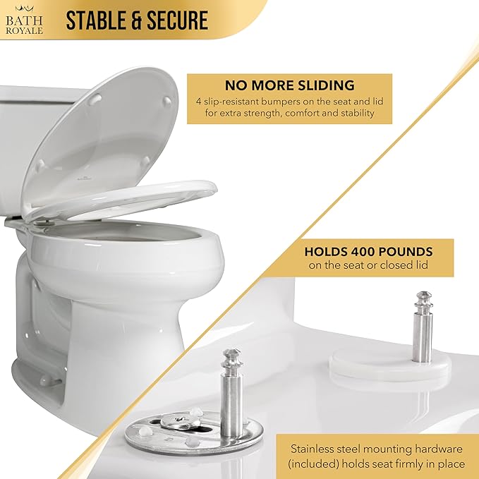 Bath Royale Slow Close Toilet Seat BR501-00 White Elongated, Stain-Resistant and Easy to Keep Clean, Heavy Duty Fits All Toilet Brands, Executive Series