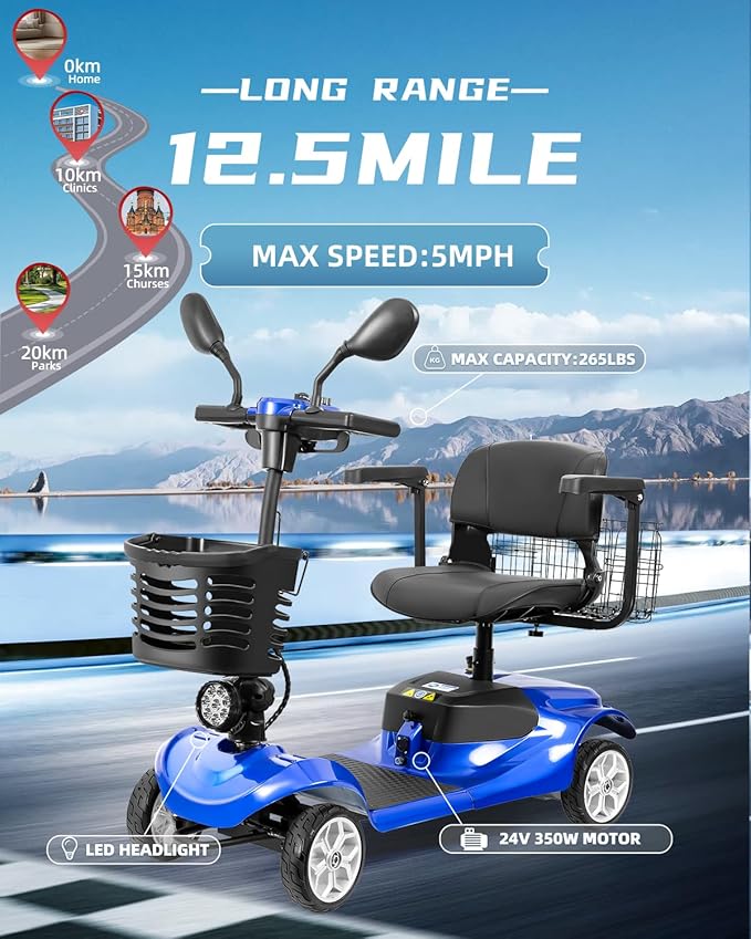 4 Wheel Electric Power Mobility Scooter for Adults, Electric Scooter for Seniors Folding Mobility Scooter -Max Speed 5 Mph,12.5 Miles Long Travel Range