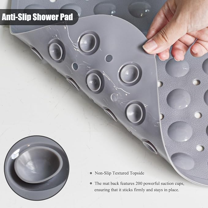 Bathtub and Shower Mats, Extra Long Non-Slip Bath Mat 39 x 16 Inch, Machine Washable Bath Tub Mat with Suction Cups & Drain Holes for Bathroom, Clear Grey