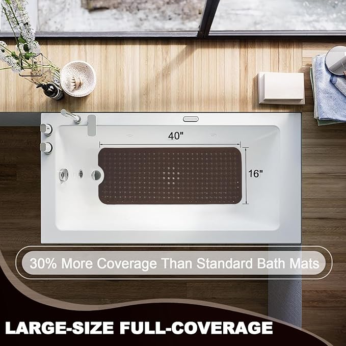 Linoows Bathtub and Shower Mats, 40x16 Inch Extra Large Non Slip Soft Bath Tub Mat with Suction Cups and Drain Holes for Bathroom Floor and Keep Tubs Clean, Machine Washable, Clear Chocolate