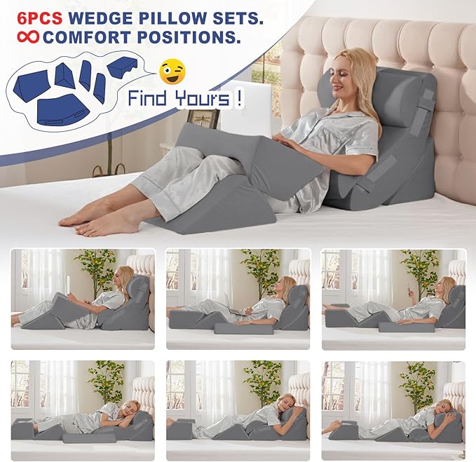 WSOFRLAC 6PCS Multi-Functional Bed Wedge Pillow Kit - 7-in-1 Orthopedic Support for Back/Neck/Legs, Post Surgery Recovery & Sitting Up in Bed, Post Surgery Foam for Body, Grey
