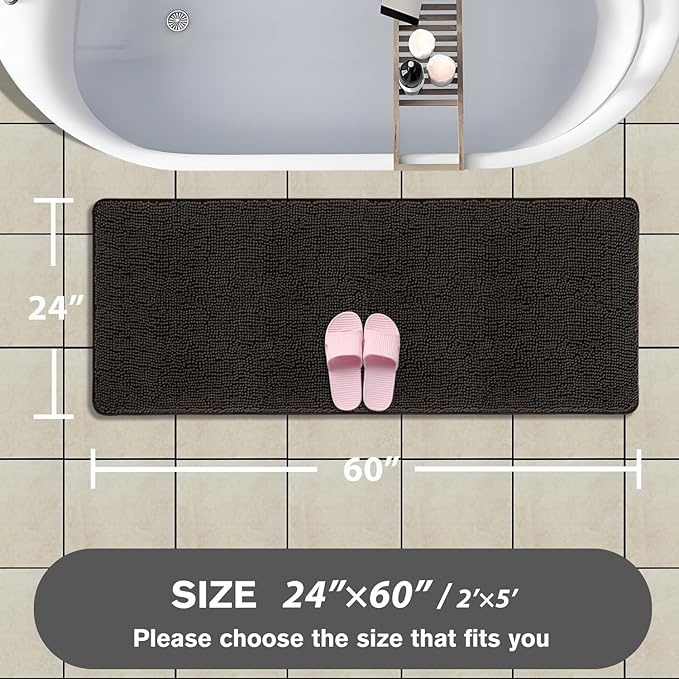 Bathroom Runner Rug 24 x 60 Inch – Extra Large Long Bath Mat | Absorbent and Washable Thick Chenille Bath Rug Non-Slip Runner Rug for Bathroom, Shower, Sink(Chocolate Brown)