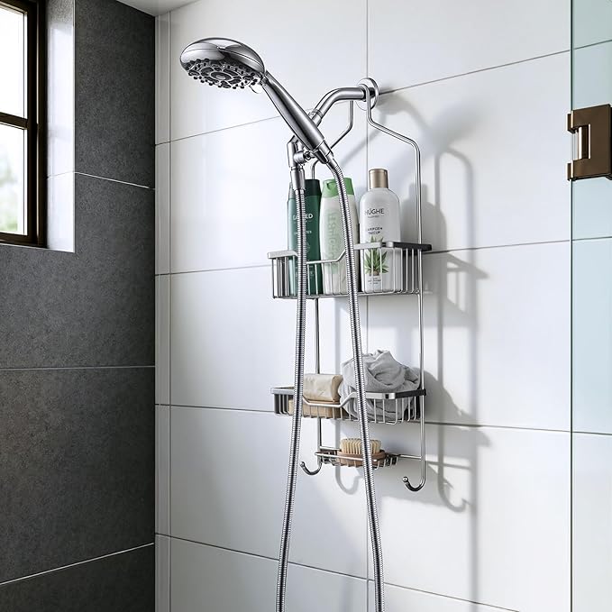 G-Promise Handheld Shower Head High Pressure 6 Spray Settings, Detachable Hand Held Showerhead 4.9 Inch Face with Extra Long Flexible Hose and Angled Bracket for Caddy & Shelf Installation