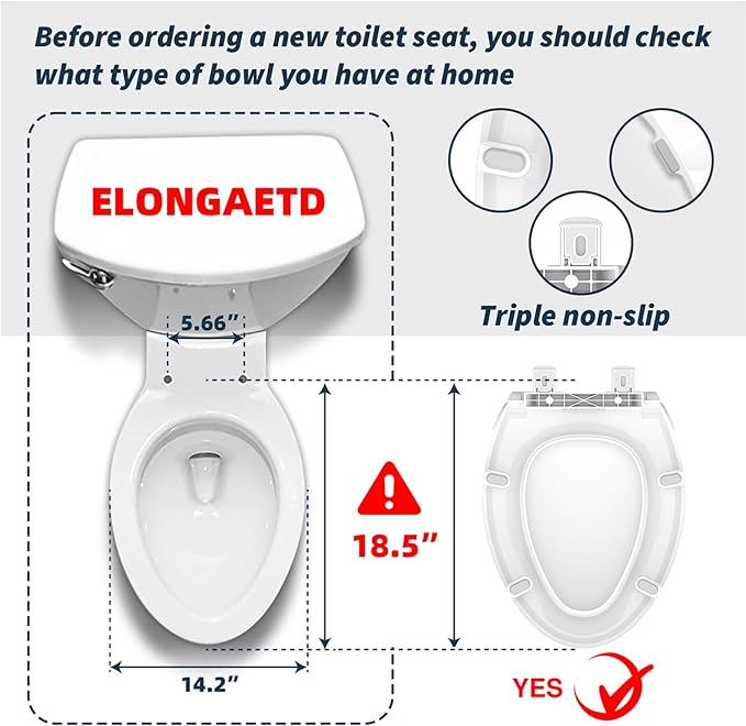 ELONGATED toilet seat risers for seniors, Slow Close, Elevated toilet seat, Heavy Duty, Never Loosen, Raised toilet seat elongated bowl, White(18.5”)