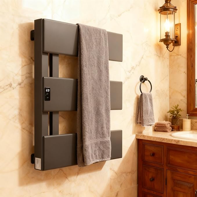 Verida Towel Warmer Rack, Support Hardwired and Plug-in, Wall-Mounted Electric Towel Heater, with Built-in Timer, Waterproof Aluminum Towel Warmer for Bathroom, LV-3S Gray