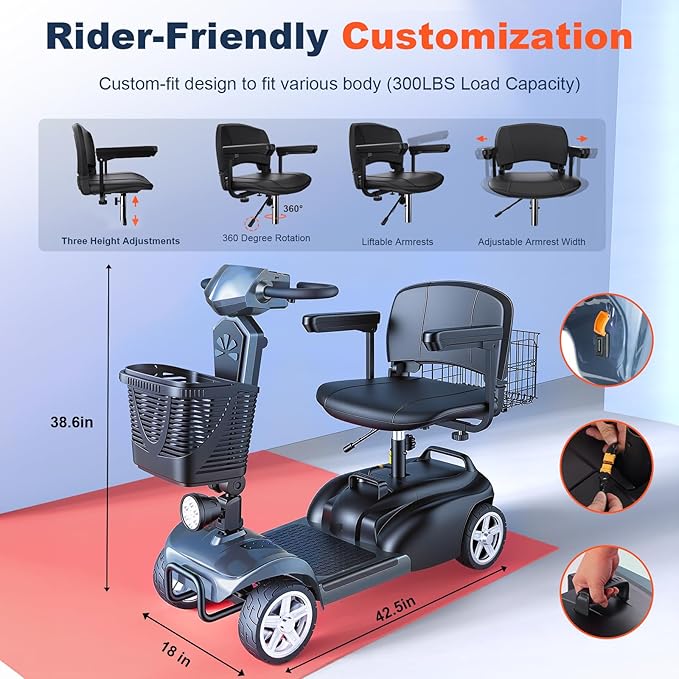 15/25/30/50Miles Eldryvon 4 Wheels Electric Mobility Scooter for Seniors, Dual Basket, 350W Powered Wheelchair with Rotating Seat, Foldable Motorized Scooter for Adults (Grey, 30Miles)
