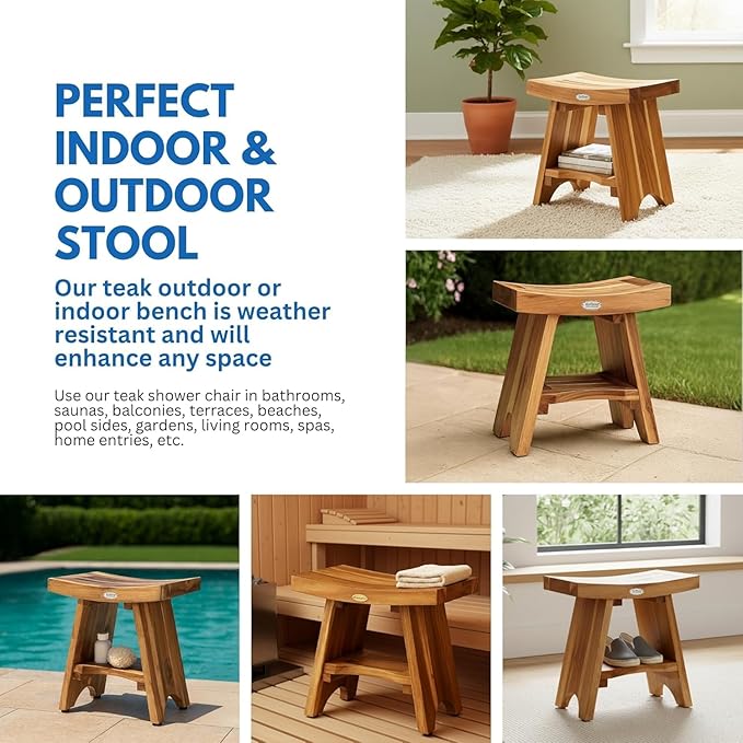 EcoDecors Teak Shower Bench 18", 300 lb Capacity – Waterproof Wood Bath Seat with Shelf, Spa Seating for Adults – Compact Fit for Small Bathrooms & Walk-in Showers – Slip-Resistant Feet