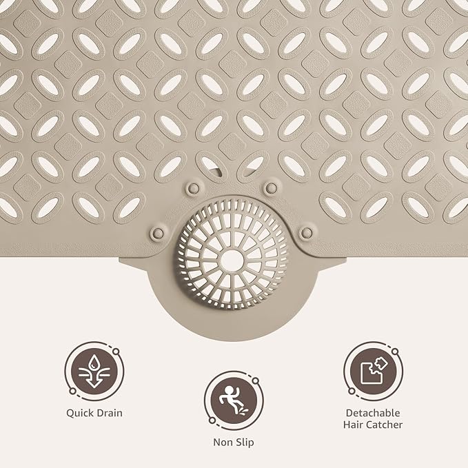 OTHWAY Bath Mat for Tub Non Slip: 39" X 17" Long Bathtub Mat with Hair Catcher│Big Drain Holes Shower Mats for Inside Shower│Machine Washable (Brown)