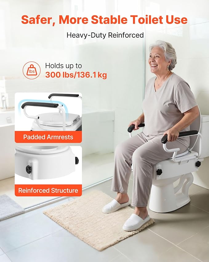 VEVOR Raised Toilet Seat with Arms, 300 lbs Load Capacity, 3-Level Adjustable Height, Widened Commode Elevated Toilet Seat Riser with Padded Handles for Seniors, Elderly, Handicap, Disabled, Adults