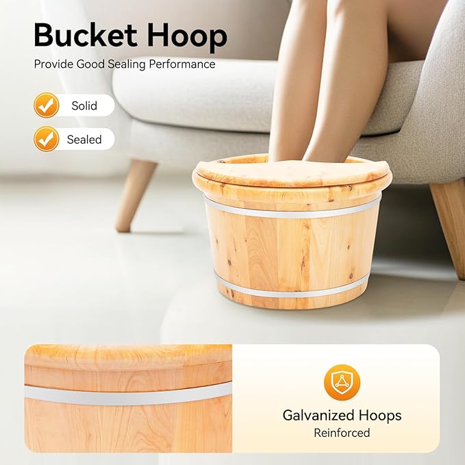 16" Wood Foot Bath Bucket with Massage Roller & Lid, Thickened Spa Soaking Tub for Relaxation, Washing and Sauna, Wooden Foot Soaking Tub with Heat Retention