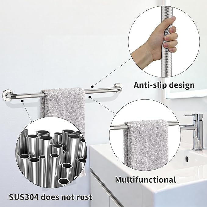 36 Inch Anti Slip Shower Grab Bar,Munzong 2 Pack Bathroom Grab Bars and Showers,Brushed Nickel Knurled Handicap Balance Bar,Safety Hand Rail Support Elderly Senior Bath Handle