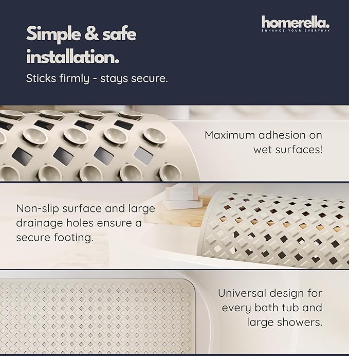 Bathtub Mat Non Slip 35x16 - homerella® Bath Mat Incl. Hooks for Drying, Extra Long, 100% BPA Free, Shower Mat Non Slip Anti Mold, Machine Washable, Shower Mats for Inside Shower Mildew Resistant